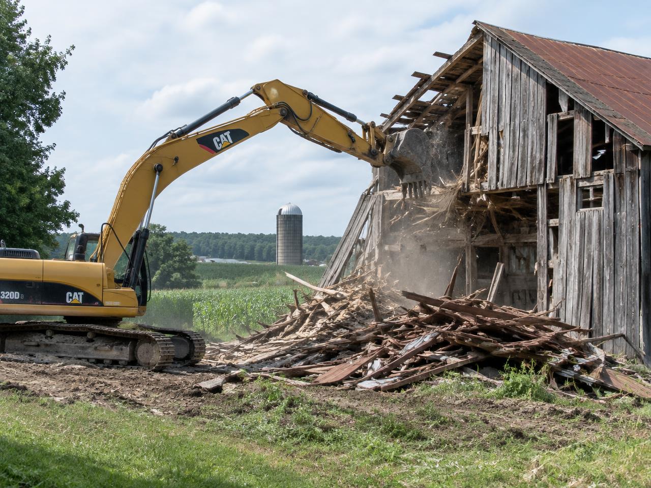 Yellow excavator demolishing an old wooden barn